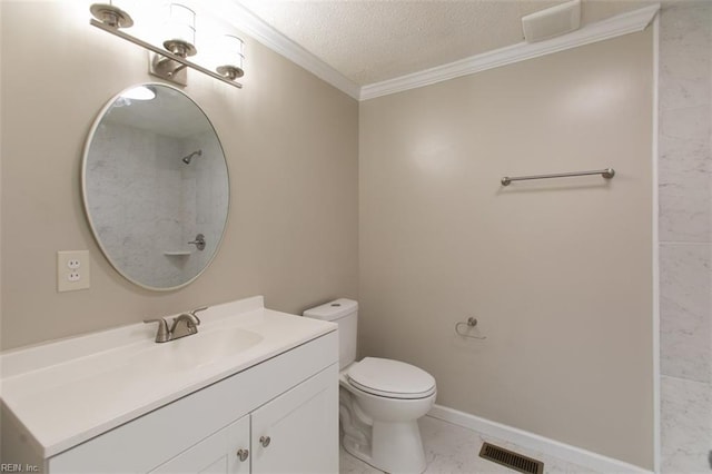 full bath with visible vents, toilet, ornamental molding, a textured ceiling, and vanity