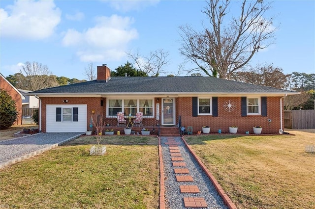 single story home with a front yard, brick siding, fence, and a chimney