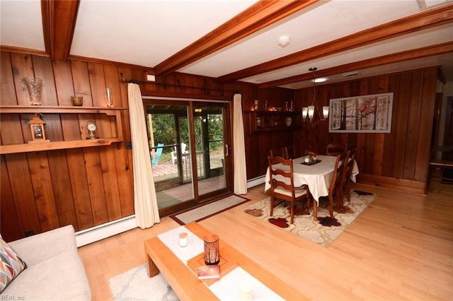 dining area with a baseboard radiator, beamed ceiling, wood walls, and wood finished floors