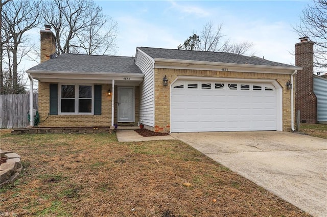 single story home with a garage, brick siding, fence, driveway, and a chimney