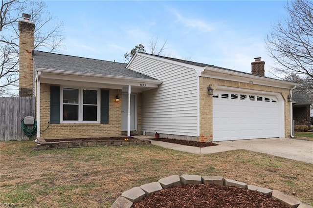 single story home with a garage, brick siding, fence, driveway, and a chimney