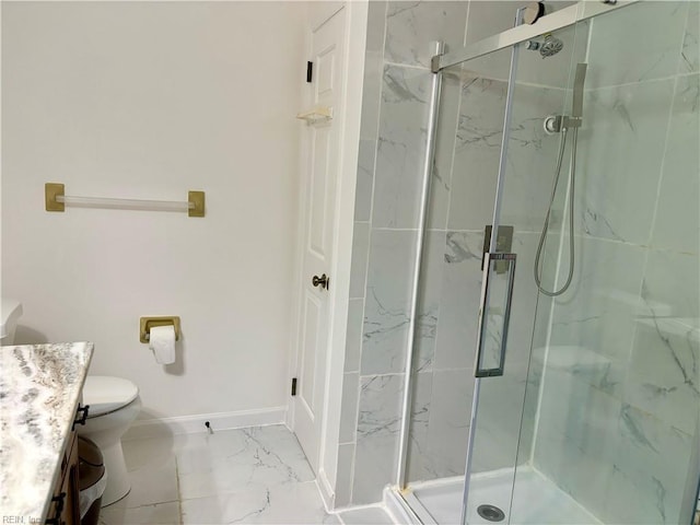 full bath with marble finish floor, a marble finish shower, and vanity