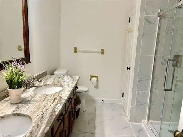 full bathroom with marble finish floor, a sink, and a marble finish shower