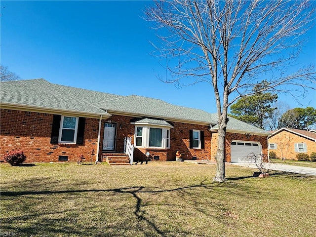 ranch-style house featuring a garage, brick siding, a shingled roof, concrete driveway, and crawl space