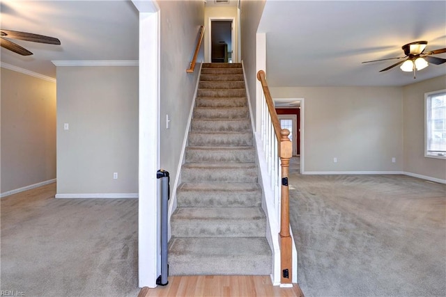 stairway with carpet flooring, ceiling fan, and baseboards