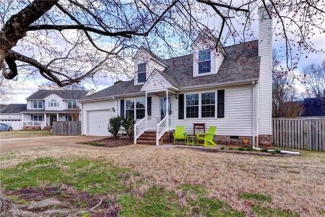 cape cod-style house with an attached garage, fence, driveway, crawl space, and a chimney