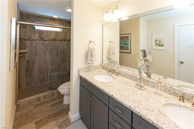 full bathroom featuring toilet, a stall shower, double vanity, and a sink