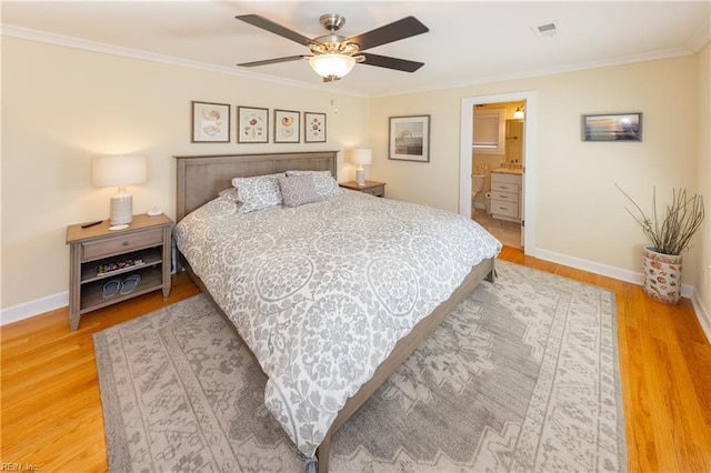 bedroom featuring ceiling fan, visible vents, baseboards, ornamental molding, and light wood finished floors