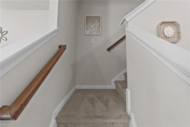 staircase with carpet flooring and baseboards