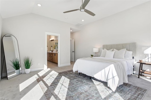 bedroom featuring vaulted ceiling, recessed lighting, light carpet, and baseboards