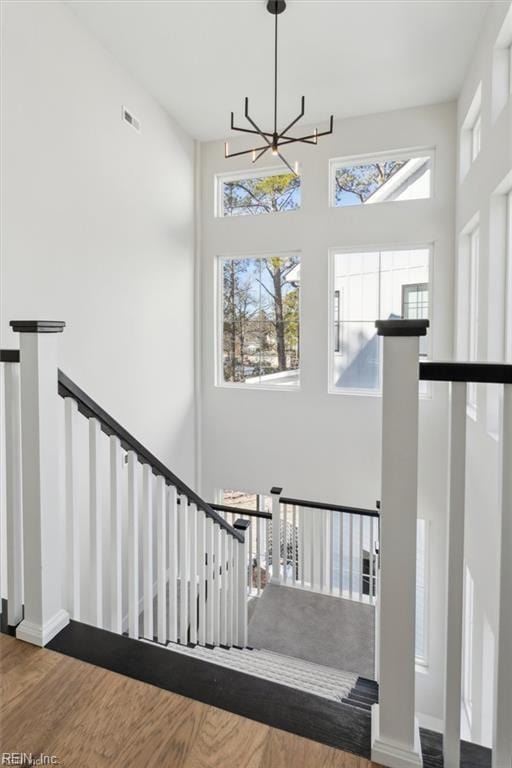 stairway with a notable chandelier, plenty of natural light, a high ceiling, and wood finished floors