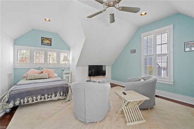 bedroom featuring lofted ceiling, recessed lighting, ceiling fan, wood finished floors, and baseboards