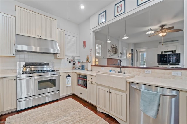 kitchen featuring decorative backsplash, appliances with stainless steel finishes, dark wood-type flooring, under cabinet range hood, and a sink