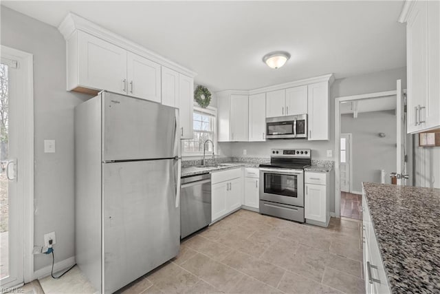 kitchen featuring a sink, stainless steel appliances, stone counters, and white cabinetry