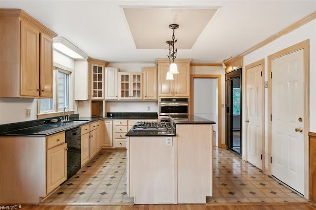 kitchen featuring glass insert cabinets, a center island, light brown cabinetry, black appliances, and a sink