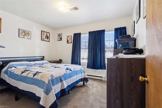 carpeted bedroom featuring a baseboard radiator and visible vents