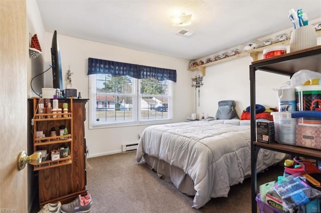 carpeted bedroom featuring baseboards, visible vents, and baseboard heating