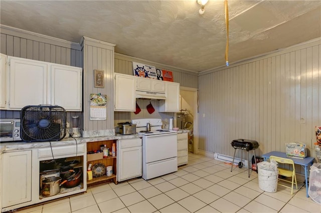 kitchen with light countertops, white electric stove, under cabinet range hood, and white cabinetry