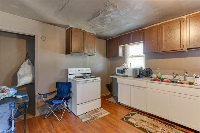 kitchen with light wood finished floors, light countertops, white appliances, and a sink