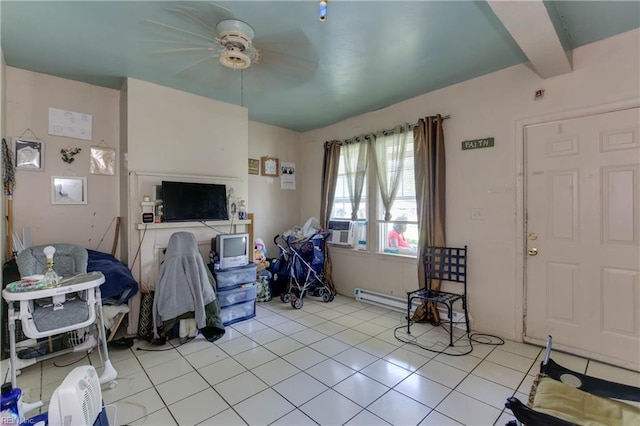 living room featuring cooling unit, beam ceiling, ceiling fan, and light tile patterned floors