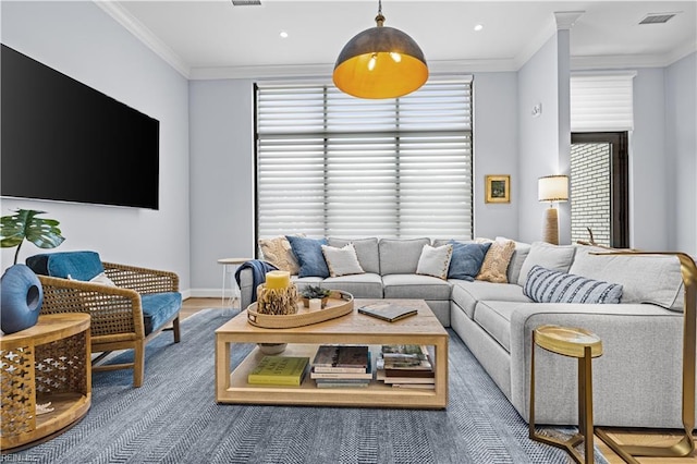 living room with visible vents, a healthy amount of sunlight, and crown molding