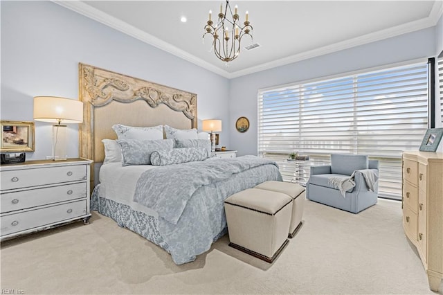 bedroom featuring a chandelier, visible vents, light colored carpet, and crown molding