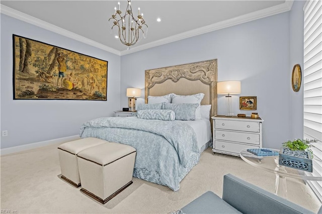 carpeted bedroom featuring a chandelier, recessed lighting, crown molding, and baseboards