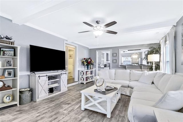 living area featuring ornamental molding, wood finished floors, and a ceiling fan