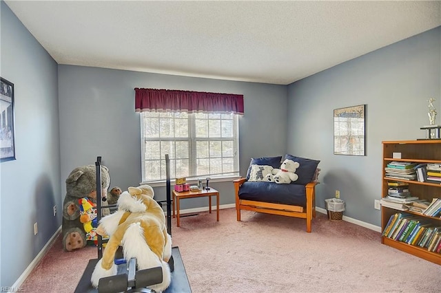 interior space featuring a textured ceiling, carpet, and baseboards