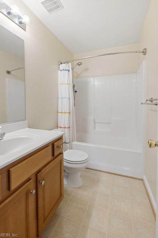 full bath with toilet, tile patterned flooring, visible vents, and shower / bathtub combination with curtain