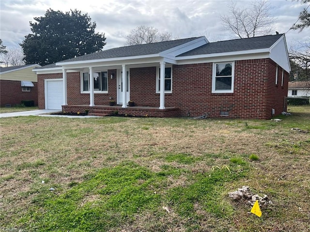 ranch-style house featuring a front yard, brick siding, and crawl space