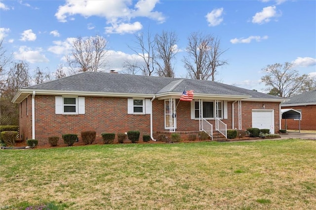 ranch-style house with brick siding, a garage, and a front lawn