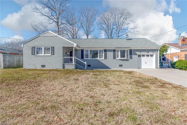 ranch-style house featuring brick siding, an attached garage, crawl space, fence, and a front lawn