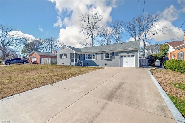 ranch-style house featuring an attached garage, crawl space, a front lawn, and concrete driveway