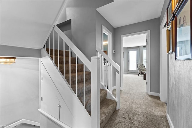 stairway featuring baseboards and carpet flooring