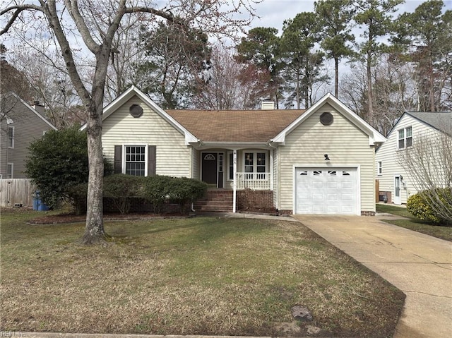 ranch-style home featuring a garage, a porch, driveway, and a front lawn