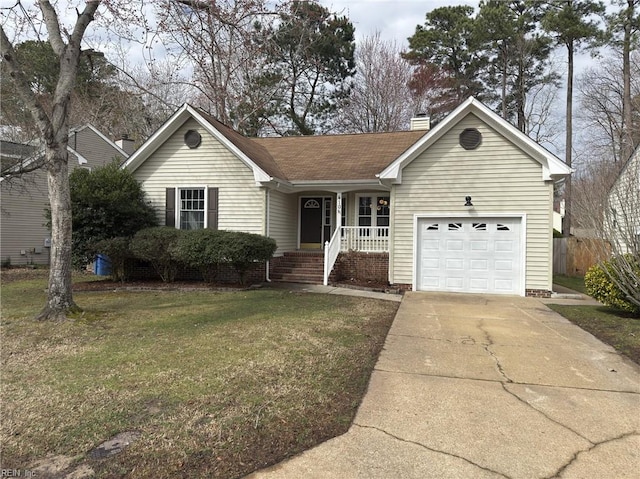 ranch-style house with a chimney, a porch, an attached garage, a front yard, and driveway