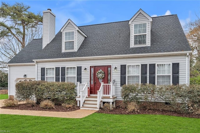 cape cod home featuring a front lawn, roof with shingles, and a chimney