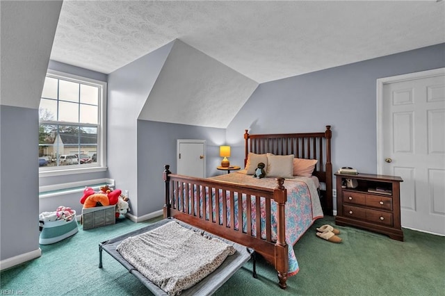 bedroom featuring carpet floors, baseboards, vaulted ceiling, and a textured ceiling