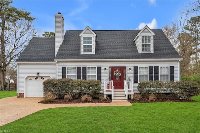 cape cod home featuring a chimney, a front yard, crawl space, a garage, and driveway