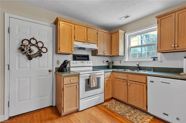 kitchen with under cabinet range hood, white appliances, a sink, visible vents, and light wood finished floors