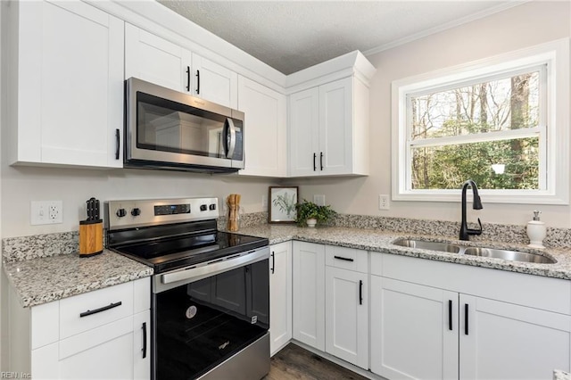 kitchen featuring light stone counters, a sink, white cabinets, appliances with stainless steel finishes, and dark wood-style floors