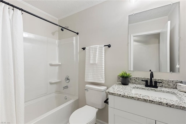 bathroom featuring toilet, shower / tub combo with curtain, a textured ceiling, and vanity