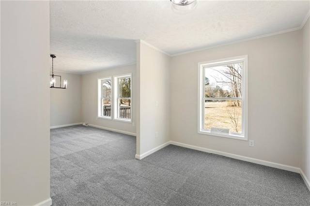 spare room featuring carpet floors, a textured ceiling, baseboards, and crown molding