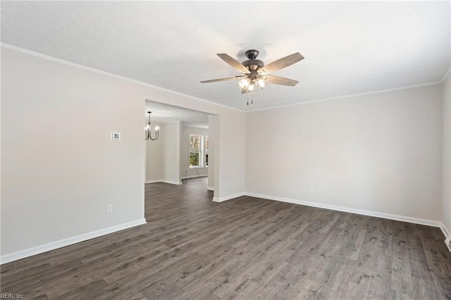 unfurnished room with a textured ceiling, ceiling fan with notable chandelier, wood finished floors, baseboards, and ornamental molding