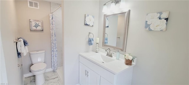 bathroom with toilet, vanity, visible vents, marble finish floor, and a shower with curtain