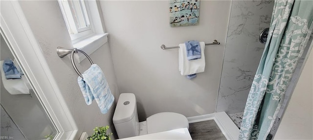 bathroom with toilet, a stall shower, and wood finished floors