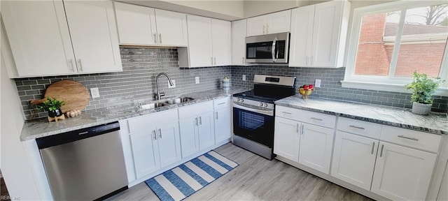 kitchen featuring a wealth of natural light, white cabinetry, appliances with stainless steel finishes, and a sink