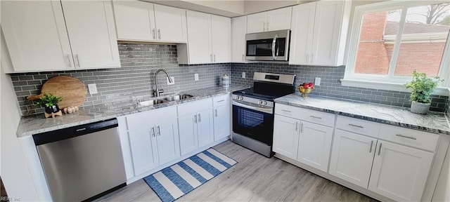 kitchen with stainless steel appliances, backsplash, white cabinets, a sink, and light wood-type flooring