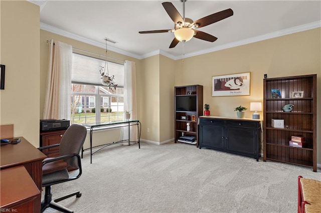 office area featuring ornamental molding, light colored carpet, baseboards, and a ceiling fan